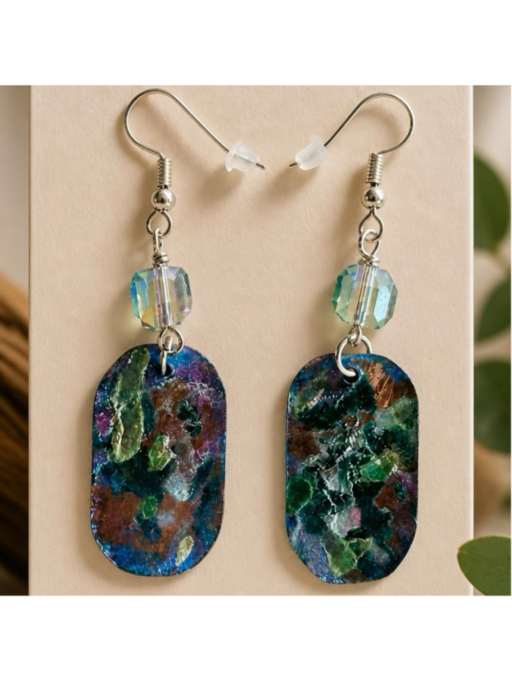 Handmade Painted Copper Earrings Crystal Dangle OOAK Artisan Statement Jewelry